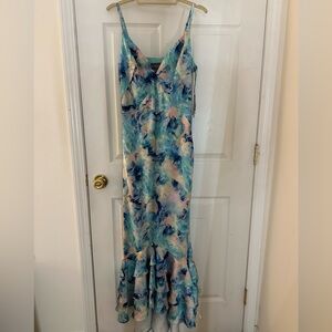 Liv Foster Blue Multi Abstract Print Satin Maxi Dress Ruffle Hem Mermaid Gown